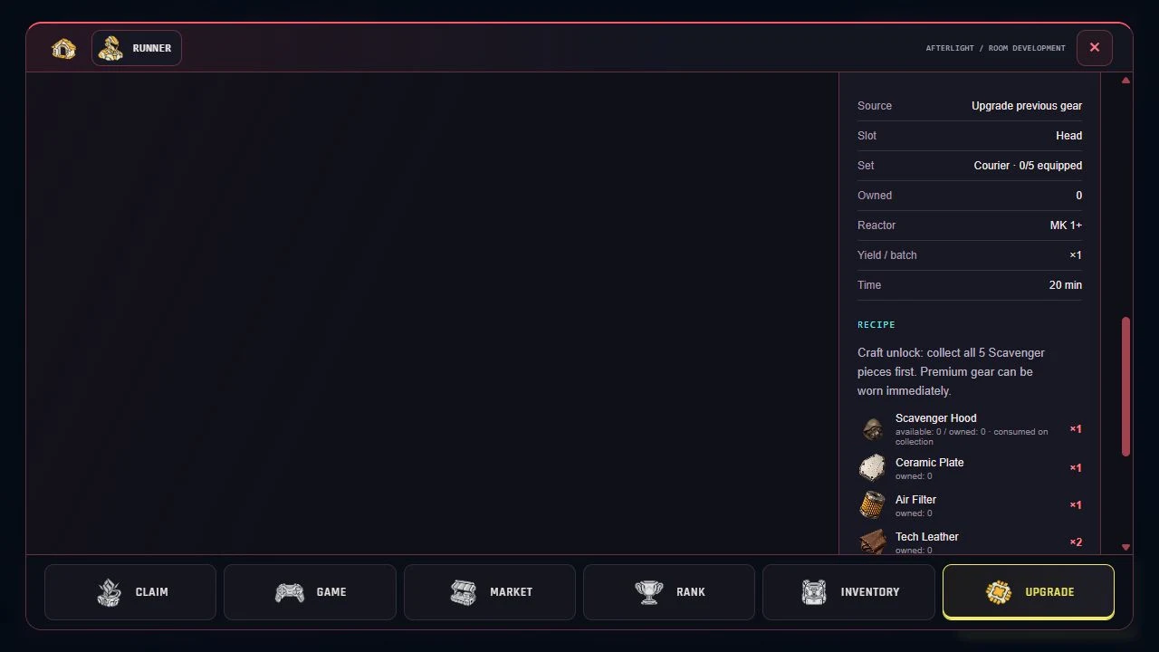 Crafting menu with a recipe and material costs
